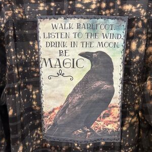 Angry Minnow Vintage Flannel Shirt Mens XL Black Bleached Raven Magic Graphic